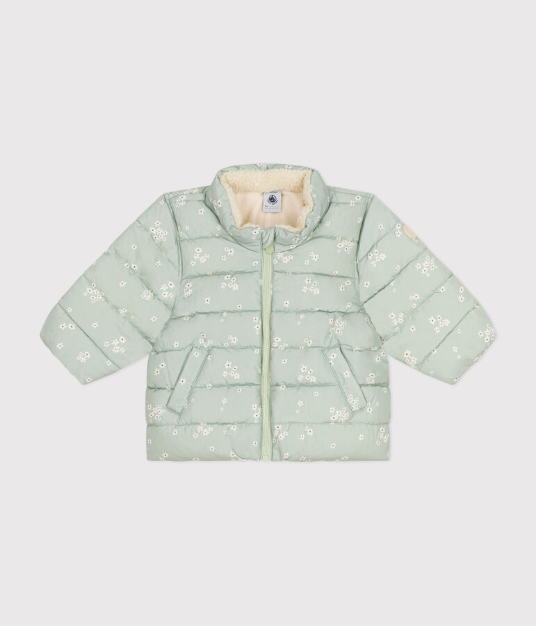 Babies' printed  puffer jacket with a retractable hood green/multicolor