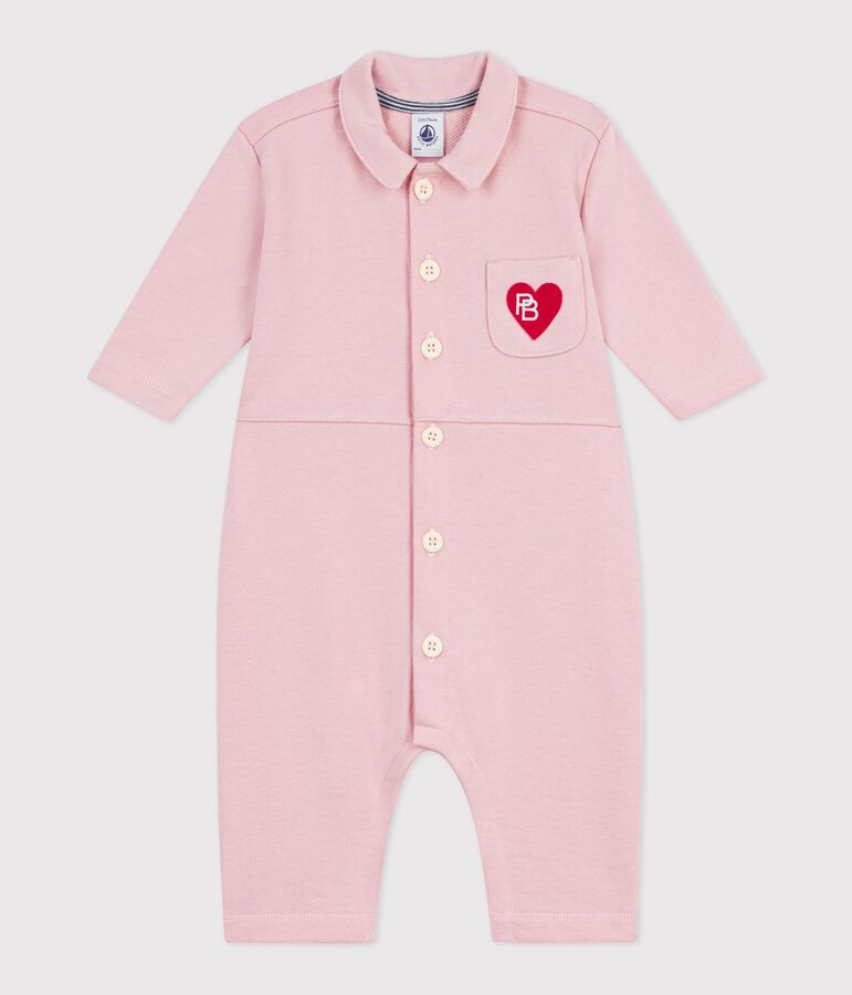 Babies' long, plain overall-style cotton playsuit pink