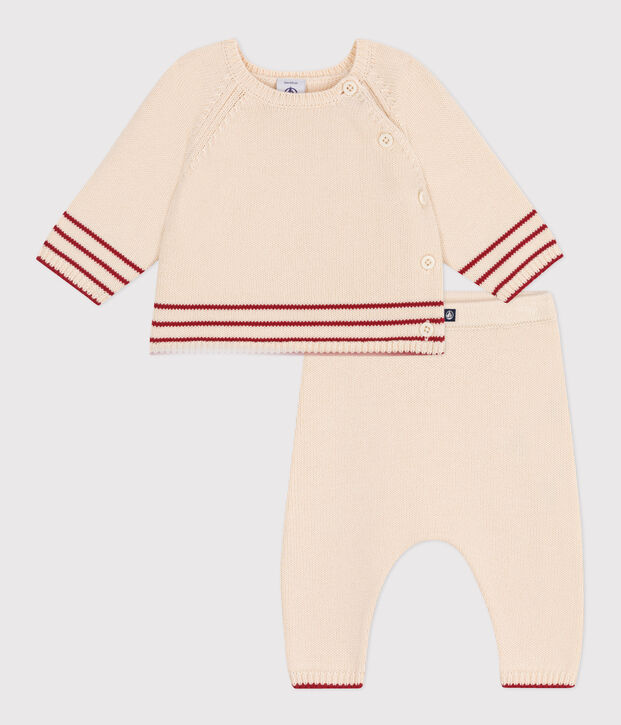 Babies' two-piece cotton jacquard knit set Ecru/red