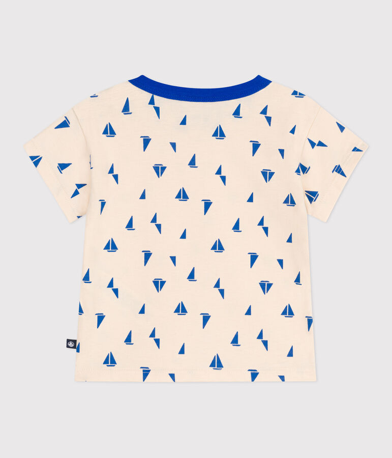 Babies' short-sleeved boat print cotton T-shirt AVALANCHE blue/PERSE white