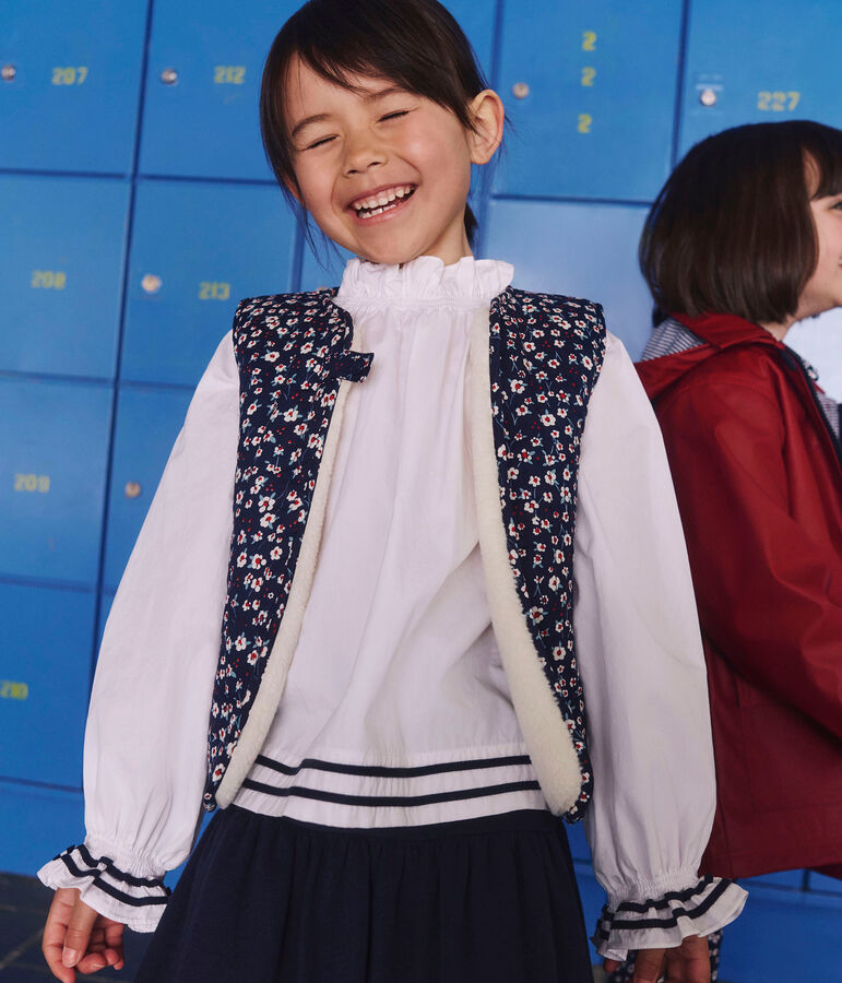 Children's sleeveless cardigan in printed cotton poplin and sherpa blue/multicolor