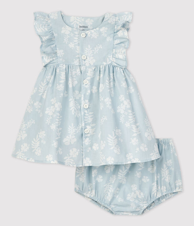 Babies' Organic Poplin Hawaii Print Dress with Bloomers blue/white