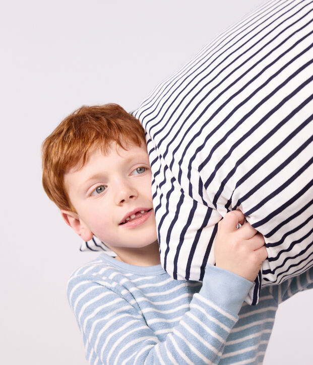 Children's stripy cotton terry pyjamas blue/ecru