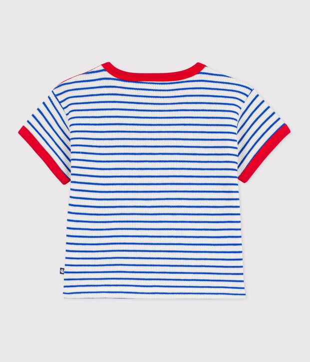 Babies' short-sleeved stripy cotton T-shirt blue/blue