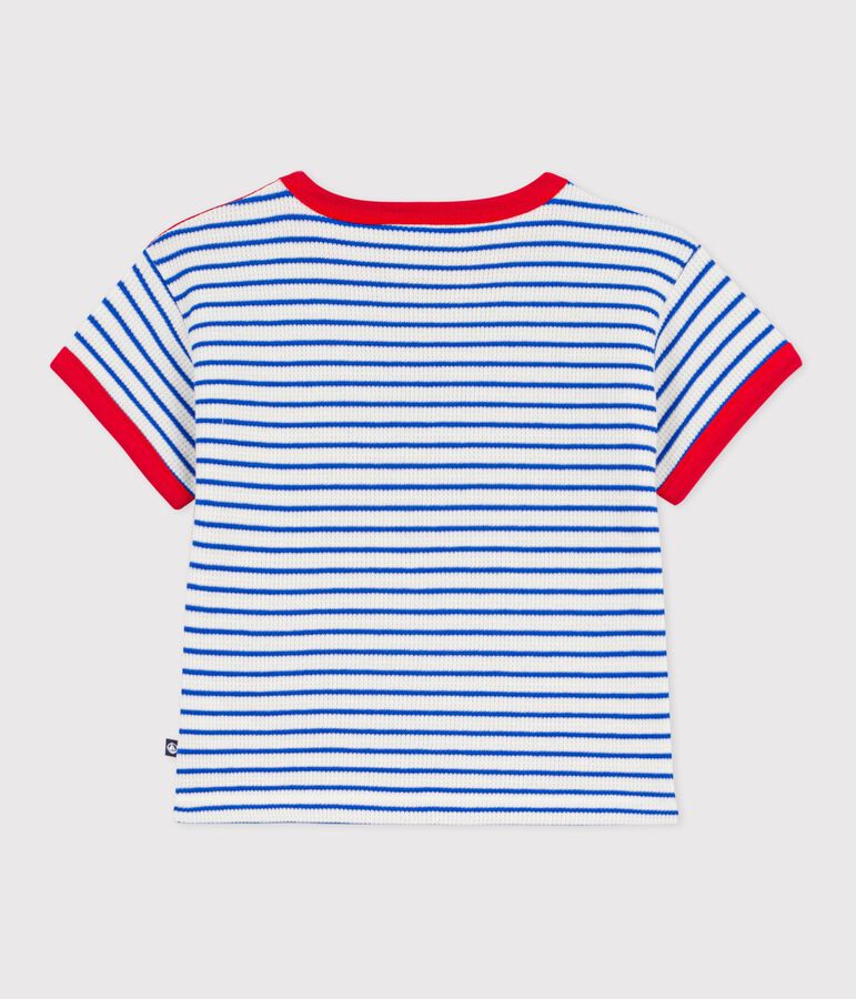 Babies' short-sleeved stripy cotton T-shirt MILK blue/PERSE
