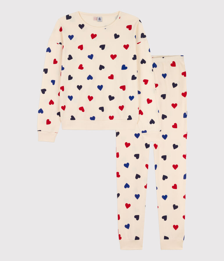 Women's Heart Themed Cotton Pyjamas Ecru/multicolor