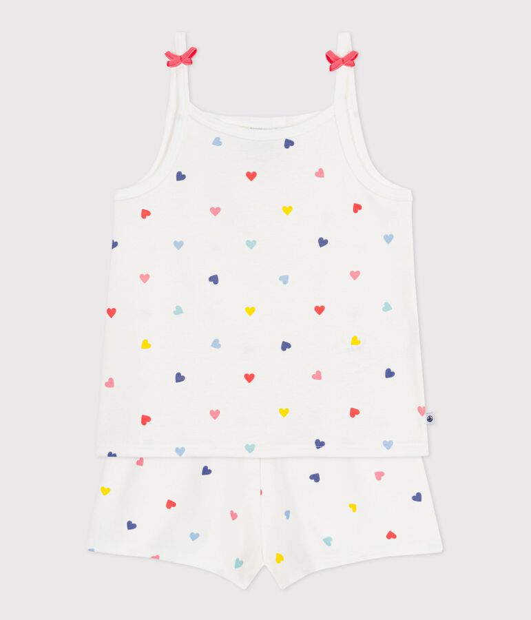 Children's short and strappy heart print cotton pyjamas white/multicolor