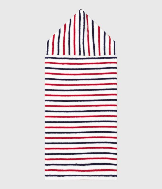 Babies' stripy printed terry towelling bath cape MARSHMALLOW white/MULTICO white