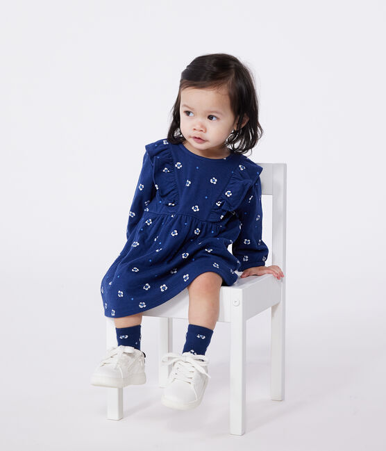 Babies' long sleeved floral print cotton dress MEDIEVAL blue/MULTICO white