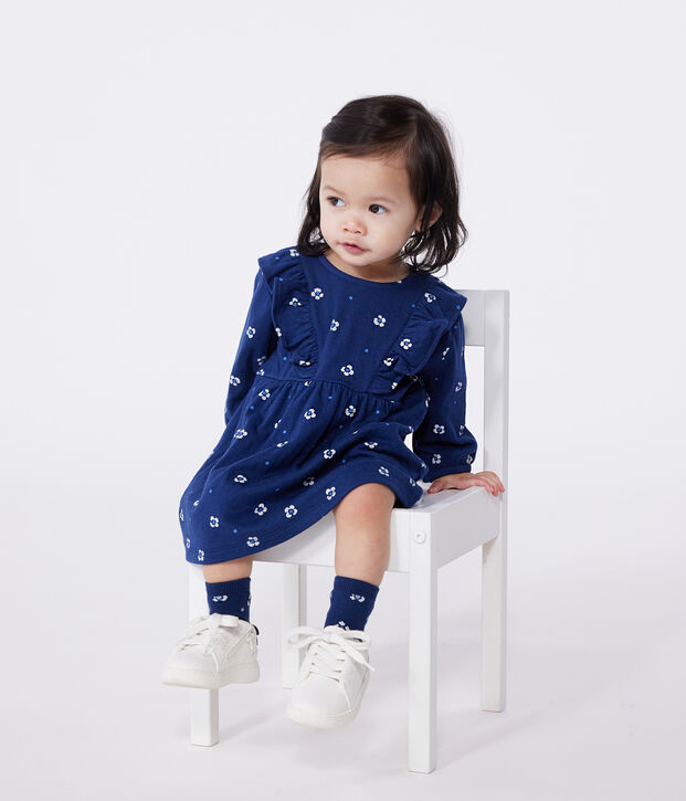 Babies' long sleeved floral print cotton dress blue/multicolor