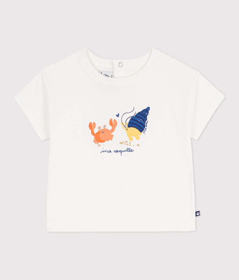 Babies' short-sleeved cotton T-shirt with a seagull motif white