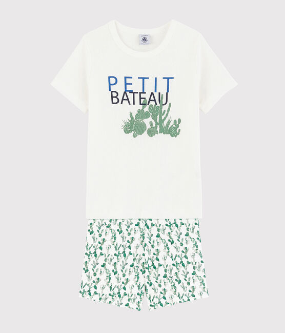 Boys' Cactus Pattern Cotton and Linen Blend Short Pyjamas MARSHMALLOW white/MULTICO white