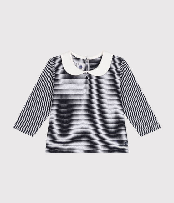 Babies' cotton blouse with a collar SMOKING blue/MARSHMALLOW white