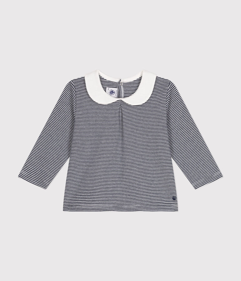 Babies' cotton blouse with a collar blue/white