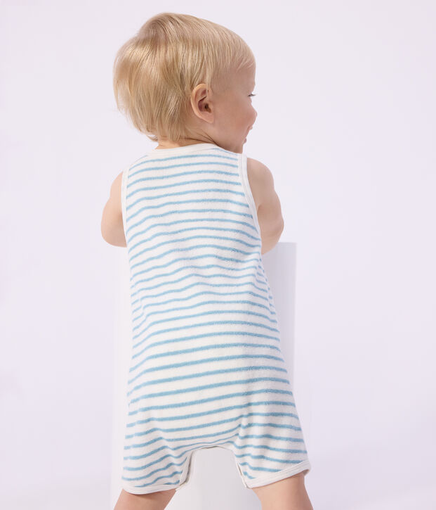Babies' sleeveless short jumpsuit in stripy cotton terry towelling white/green