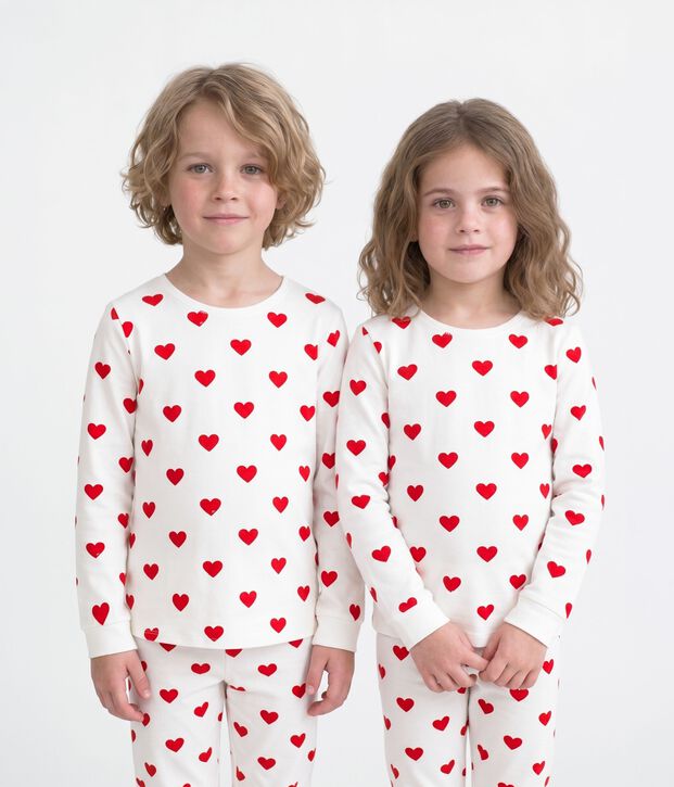 Girls' Heart Print Ribbed Pyjamas white/red