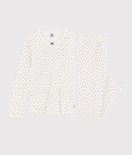 Girls' Heart Pattern Cotton Pyjamas MARSHMALLOW white/MEDIEVAL blue