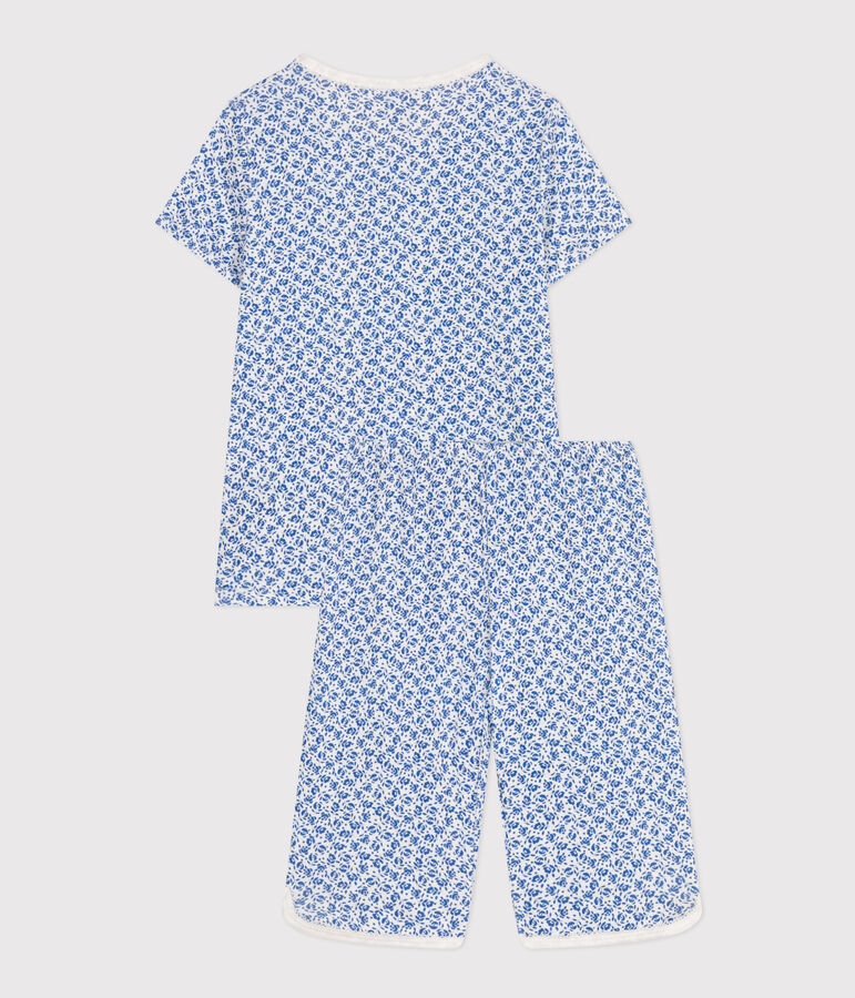 Children's Floral Print Cotton Capri Pyjamas white/blue
