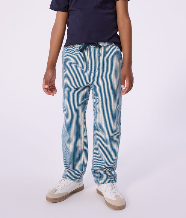 Children's stripy cotton trousers blue/white