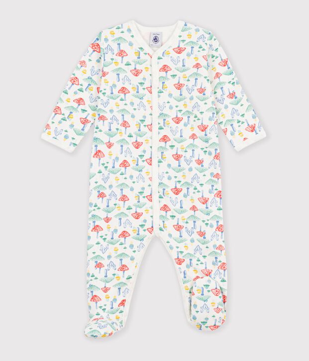 Babies' patterned fleece pyjama suit printed with mushrooms white/multicolor