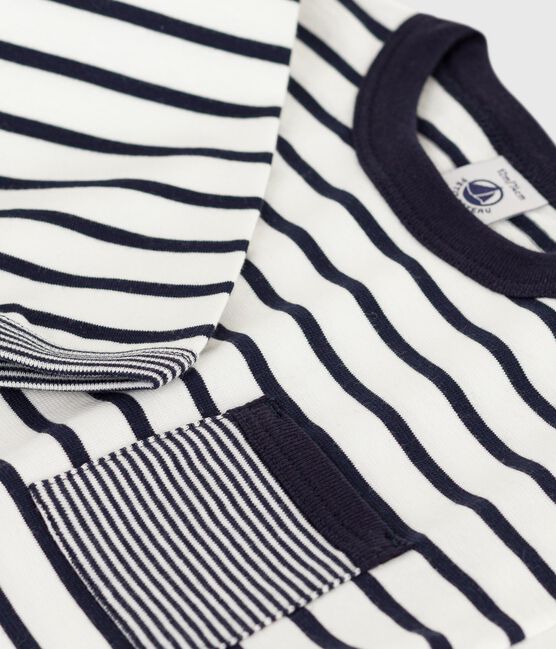 Babies' long-sleeved stripy cotton T-Shirt MARSHMALLOW white/SMOKING blue