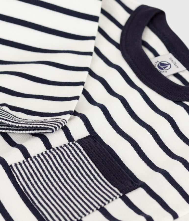 Babies' long-sleeved stripy cotton T-Shirt white/blue