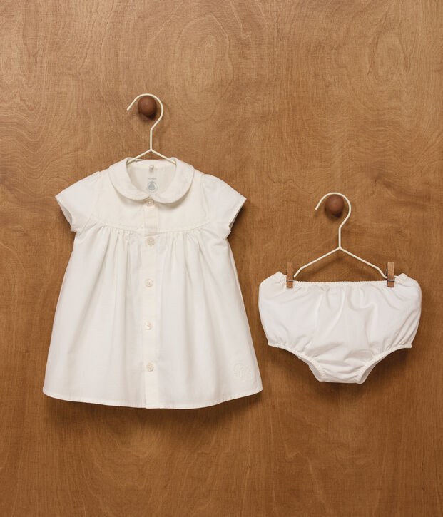 Cotton/linen baby dress with  matching bloomers, with embroidered detail white