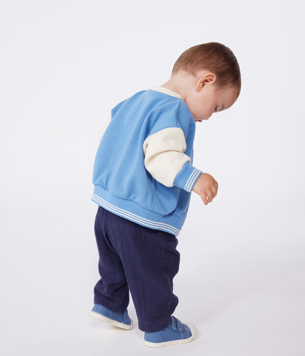 Babies' varsity-style jacket in colourblock cotton blue/ecru