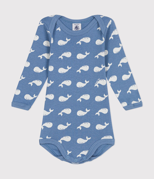 Babies' long-sleeved cotton body blue/white