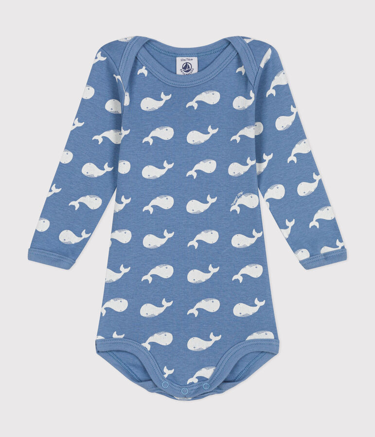 Babies' long-sleeved cotton body BEACH blue/MARSHMALLOW