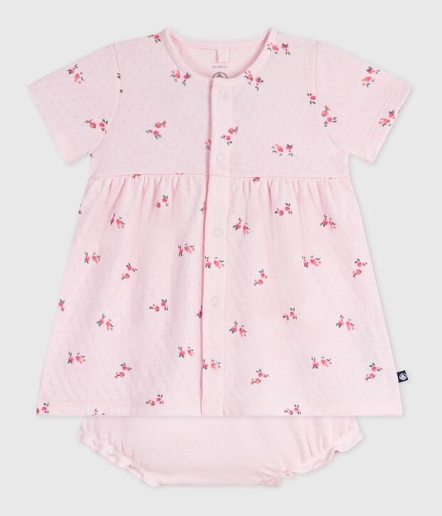 Babies' flower-printed cotton dress with matching bloomers pink/multicolor