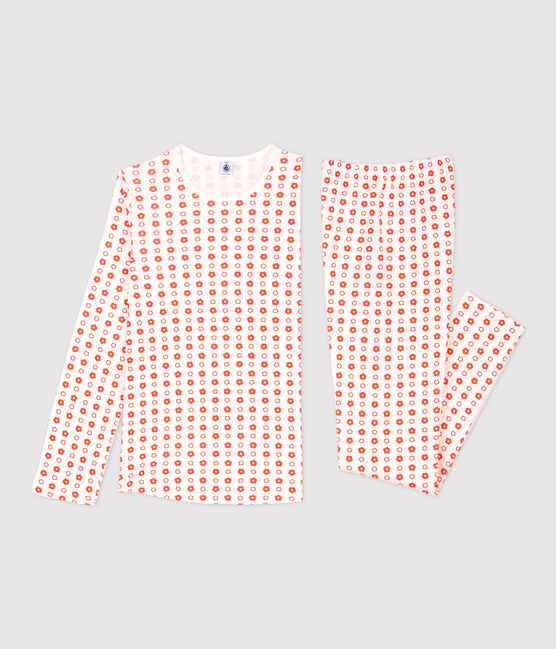 Girls' Graphic Floral Print Organic Cotton Pyjamas MARSHMALLOW white/SPICY