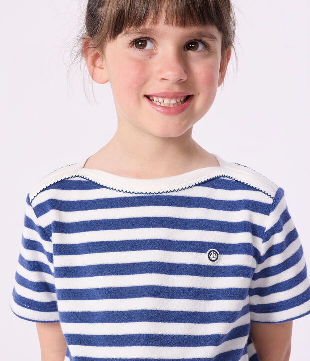 Children's short-sleeved stripy cotton T-shirt blue/white