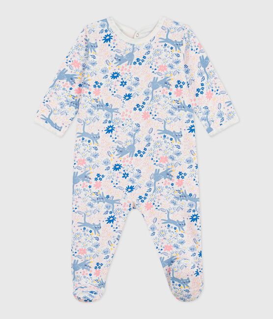Babies' brushed fleece floral print pyjama suit with a back opening MARSHMALLOW white/MULTICO white