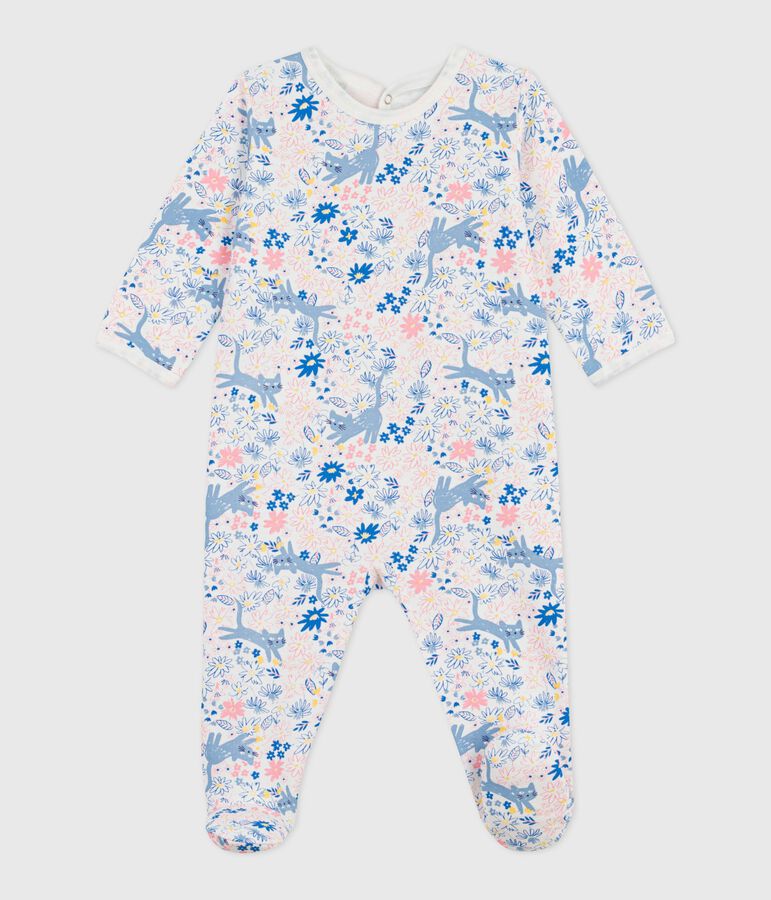 Babies' brushed fleece floral print pyjama suit with a back opening white/multicolor
