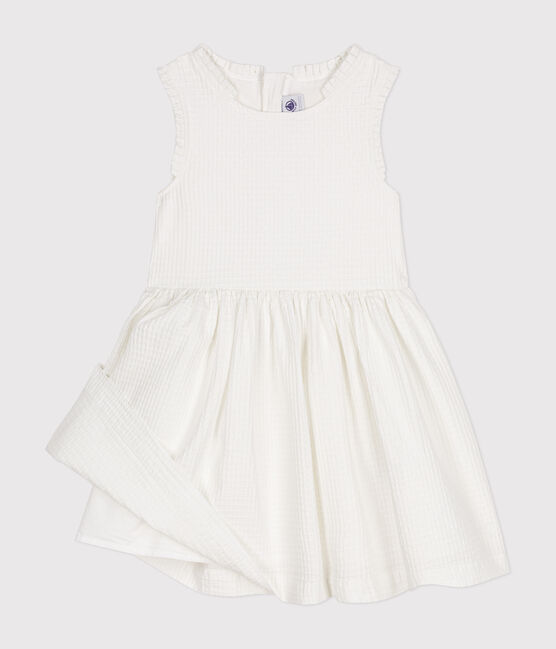 Girls' Sleeveless Textured Cotton Dress MARSHMALLOW white