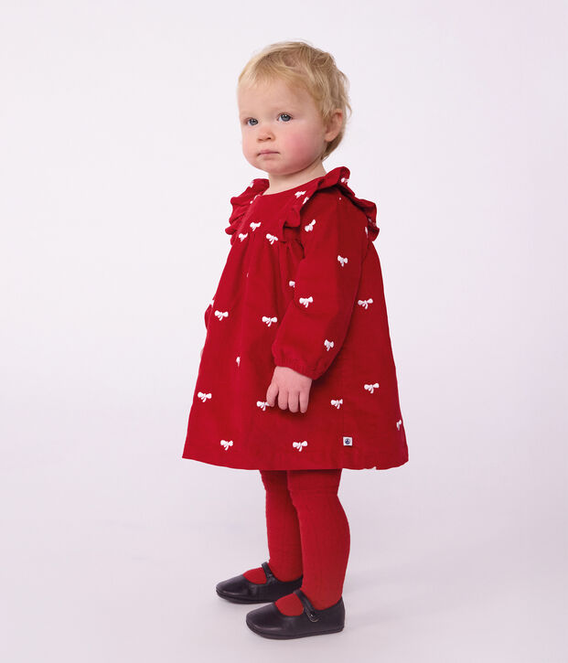 Babies' dress in velour with long sleeves and bow motif embroidery red/ecru