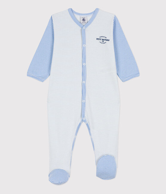 Pinstriped Cotton Sleepsuit PERSE blue/MARSHMALLOW white