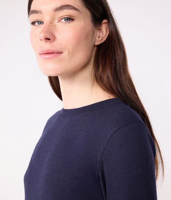 Women's Iconic long-sleeved wool and cotton T-shirt SMOKING blue