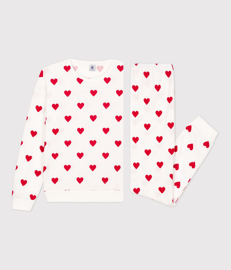 Women's Heart Themed Cotton Pyjamas MARSHMALLOW white/TERKUIT red