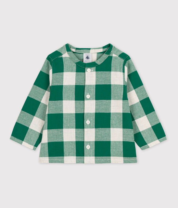 Babies' Long-Sleeved Checked Flannel Shirt MATCHA/ecru