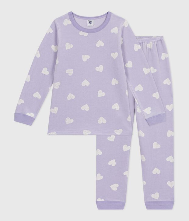 Children's heart-print velour pyjamas purple/white