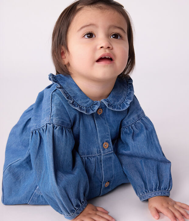 Babies' long-sleeved denim dress with a collar blue