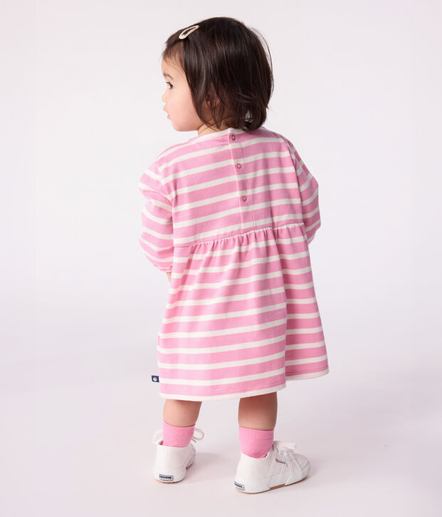 Babies' long-sleeved stripy cotton dress pink/ecru