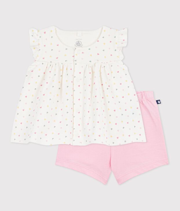 Babies' 2-piece outfit in cotton printed with mini hearts white/multicolor