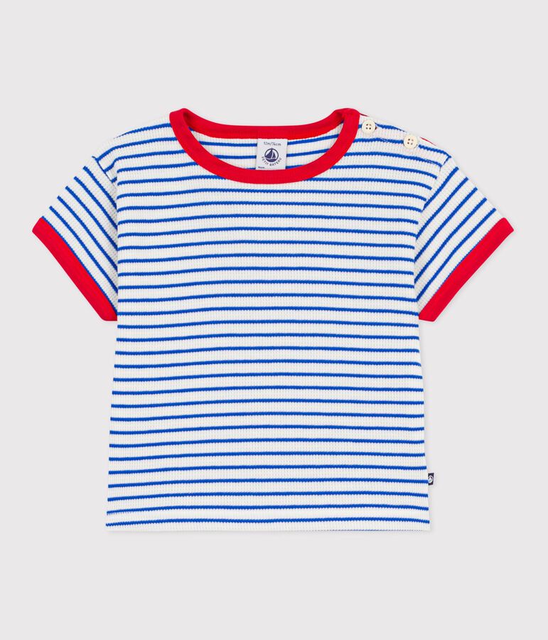 Babies' short-sleeved stripy cotton T-shirt MILK blue/PERSE