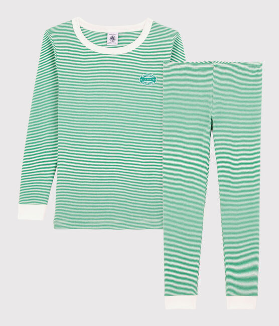 Boys' Green Striped Organic Cotton Snugfit Pyjamas GAZON green/MARSHMALLOW white