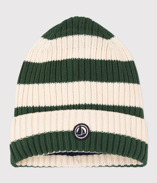 Unisex Fleece-Lined Stripy Knitted Hat green/ecru