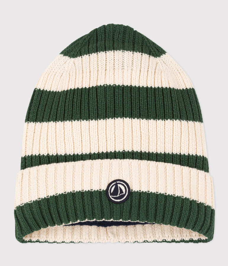 Unisex Fleece-Lined Stripy Knitted Hat green/ecru
