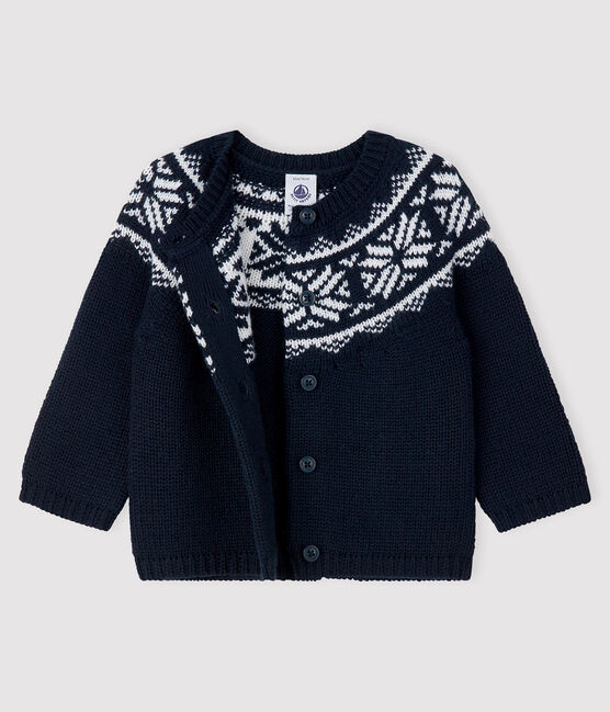 Baby's cardigan in 100% wool SMOKING blue/MARSHMALLOW white